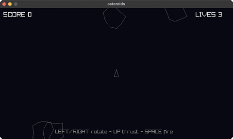 Asteroids — a ship rotating, thrusting and splitting asteroids