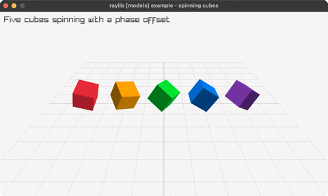 A row of 3D cubes each spinning with a phase offset
